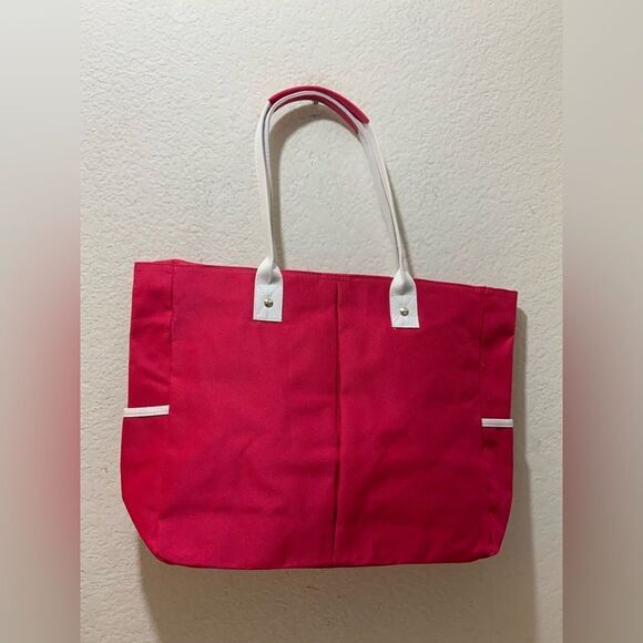 New Lancome Hot Pink white side pockets Canvas Tote Bag - Picture 1 of 9